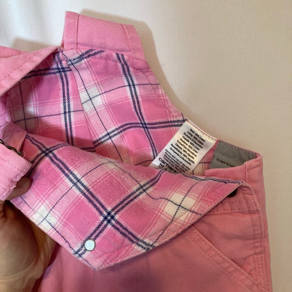 Carhartt Toddler Girls Pink Lemonade Plaid Flannel Lined Canvas Bib Overalls - Picture 10 of 12